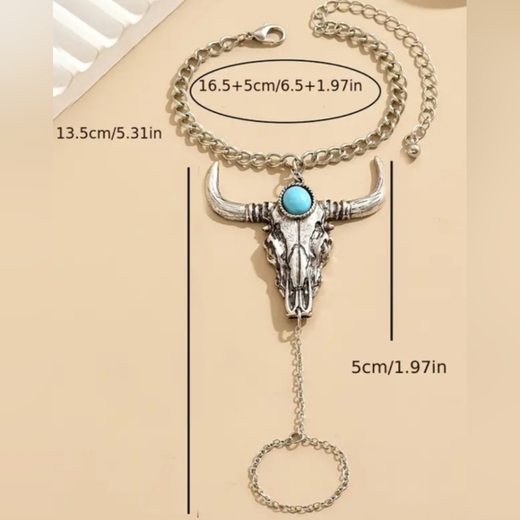 2/$40 Silver and Turquoise Bull Skull Hand Chain Bracelet (#031) - Picture 4 of 5
